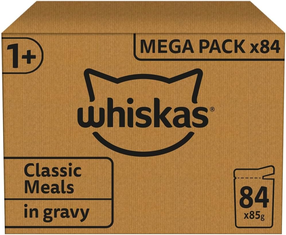 whiskas 1+ Adult Classic Selection in Gravy 84 Pouches, Adult Wet Cat Food, Megapack (84 x 85 g)