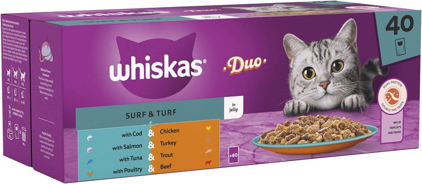 Whiskas Tasty Duo 1+ Surf & Turf in Jelly 40x85g Pouches, Adult Cat Food