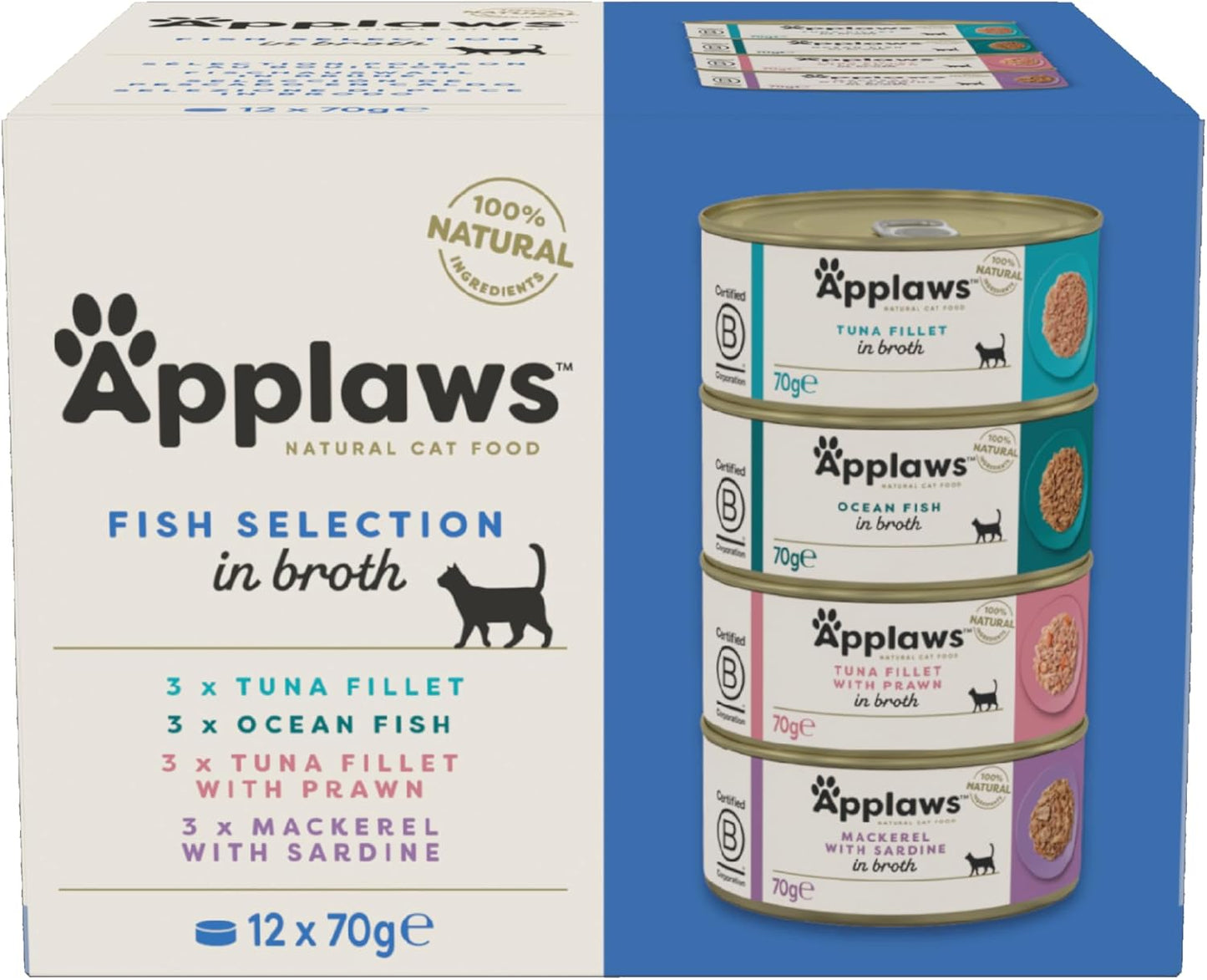 Applaws Natural Wet Cat Food, Multipack Fish Selection in Broth 70 g Tin (Pack of 12)