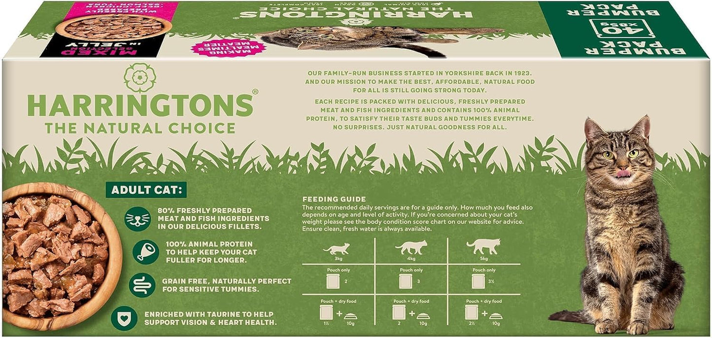 Harringtons Complete Wet Pouch Grain Free Hypoallergenic Adult Cat Food Mixed in Jelly Pack 40x85g - Beef, Chicken, Salmon & Tuna- Making Mealtimes Meatier