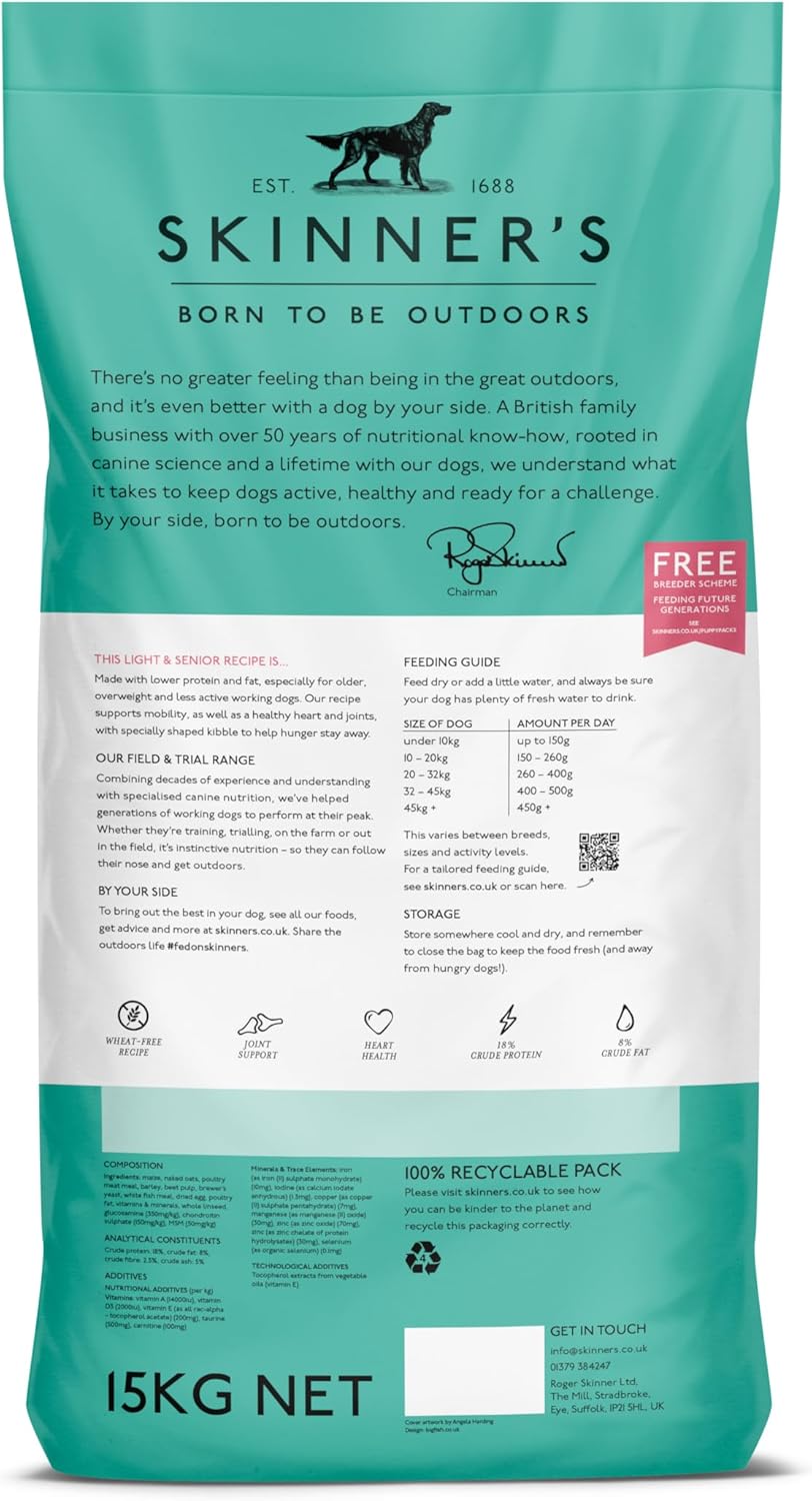 Skinner’s Field & Trial Light & Senior – Complete Dry Dog Food, Ideal for Older, Overweight or Less Active Dogs, 15kg