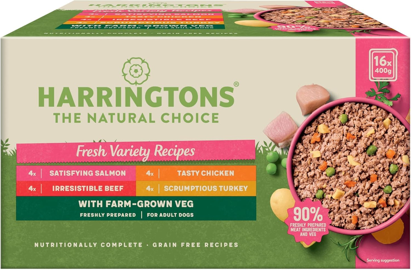 Harringtons Complete Wet Tray Grain Free Hypoallergenic Adult Dog Food Classics Variety Pack 16x400g - Salmon, Beef, chicken & Turkey- Made with All Natural Ingredients (Packaging may vary)