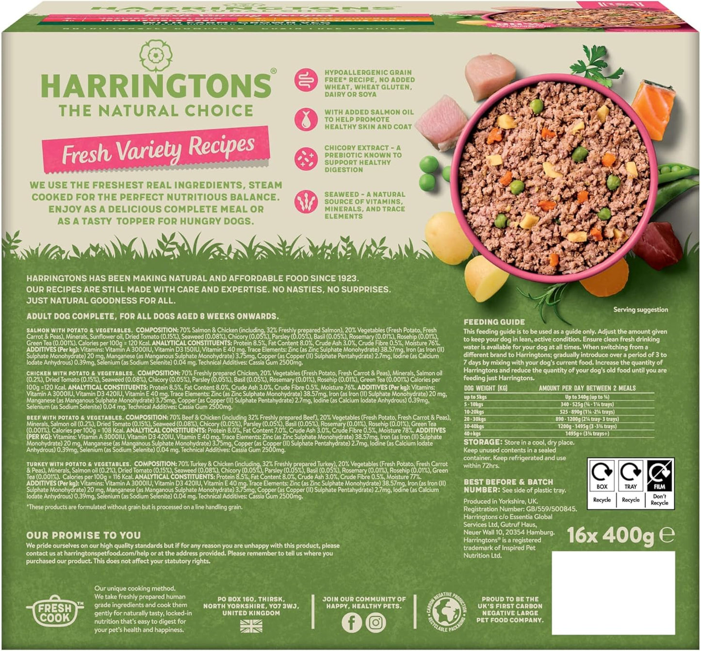 Harringtons Complete Wet Tray Grain Free Hypoallergenic Adult Dog Food Classics Variety Pack 16x400g - Salmon, Beef, chicken & Turkey- Made with All Natural Ingredients (Packaging may vary)