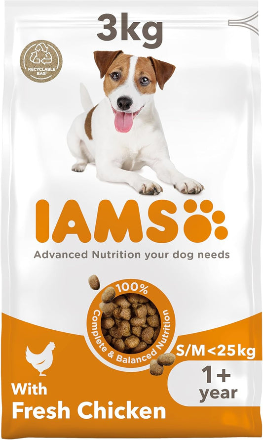 IAMS Complete Dry Dog Food for Adult 1+ Small and Medium Breeds with Chicken 3 kg(Packaging may vary)